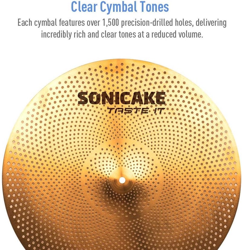 SONICAKE Low Volume Cymbal Pack Quiet Cymbal Set 14"Hi-hats+16"Crash+18"Crash+20"Ride 5 Pcs Mute Drum Cymbal Set with Bag and Felts for Practice, Golden - Image 5